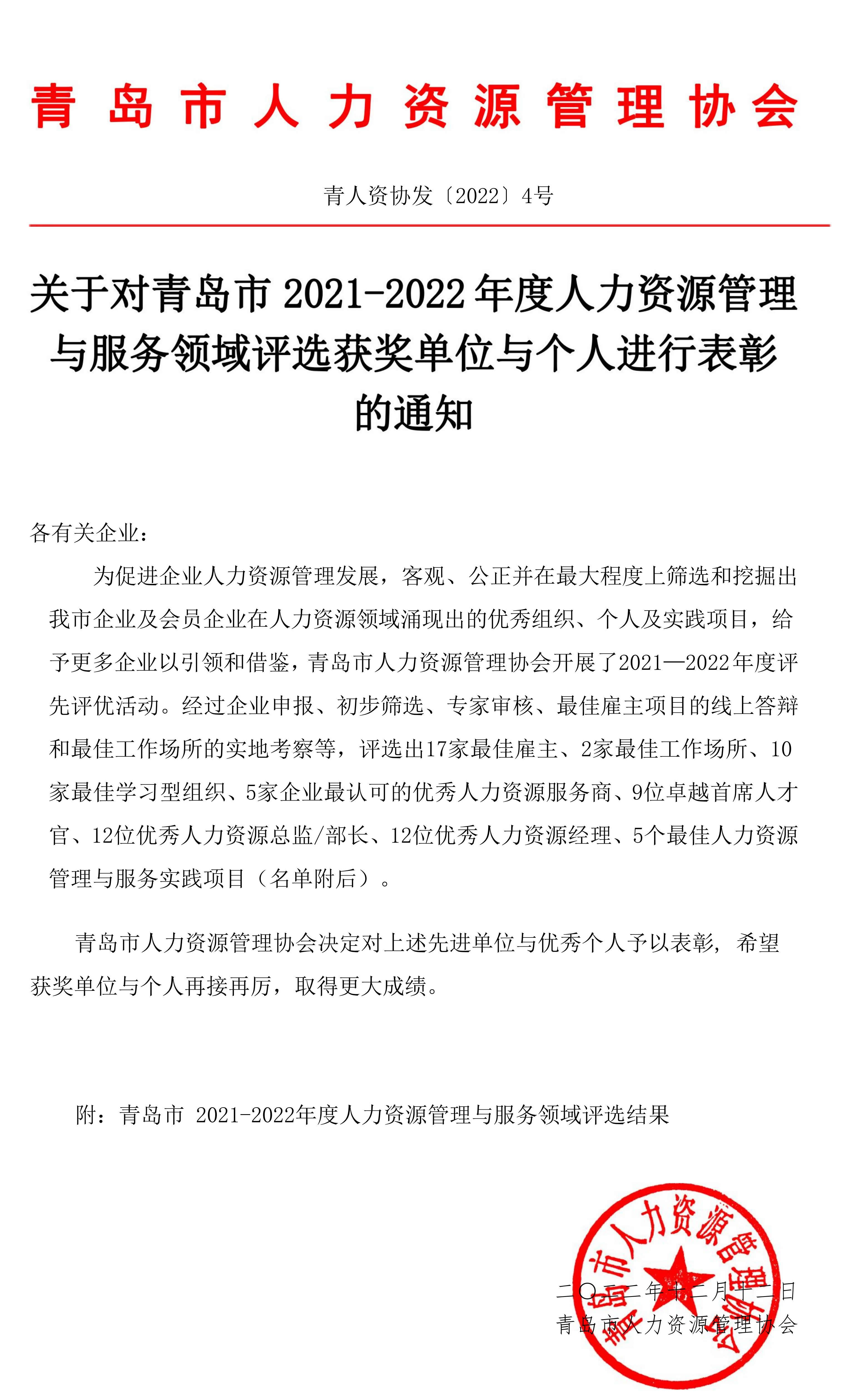 关于对青岛市2021-2022年度人力资源管理与服务领域评选获奖单位与个人进行表彰的通知(图1)