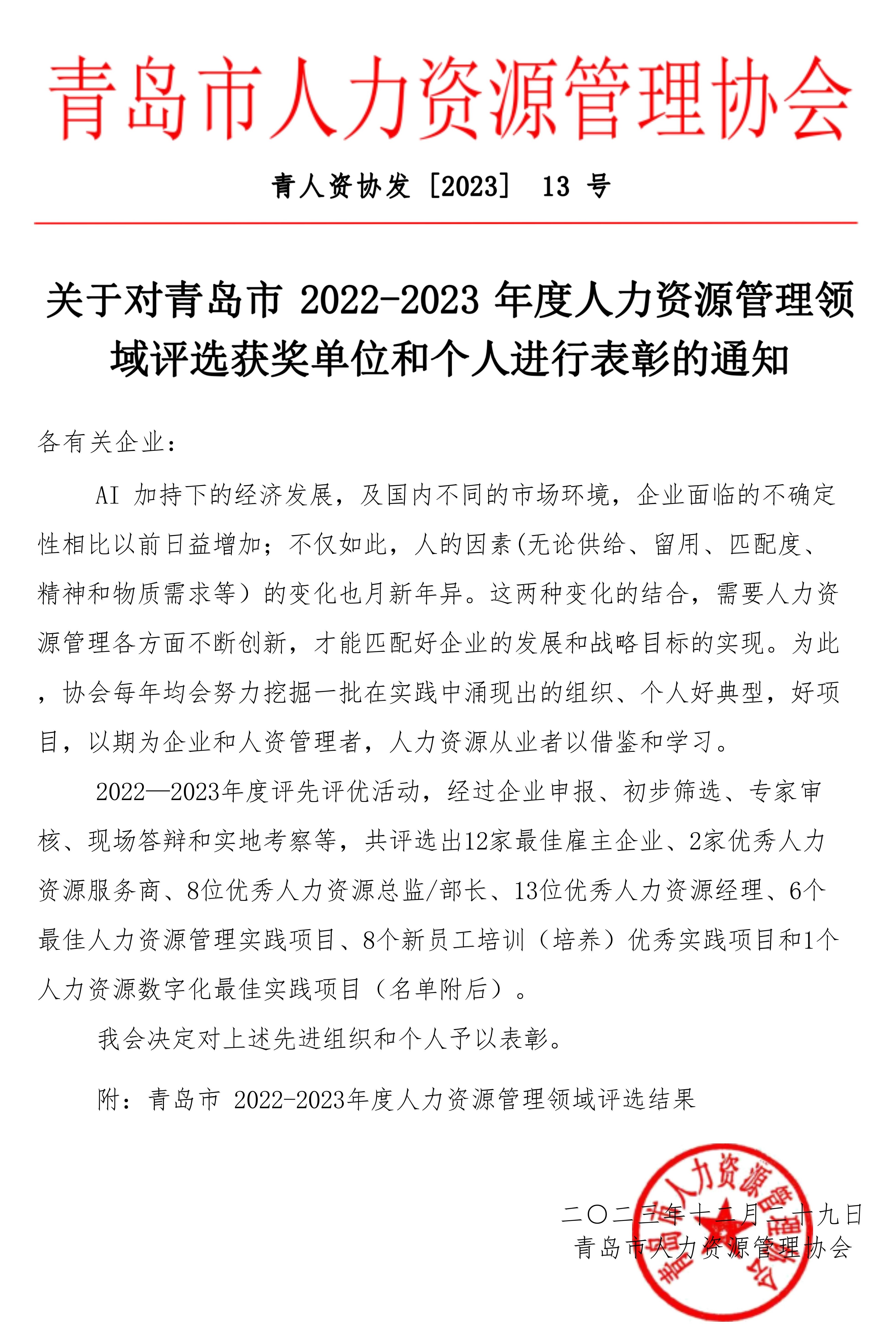 关于对青岛市 2022-2023 年度人力资源管理领域评选获奖单位和个人进行表彰的通知(图1)
